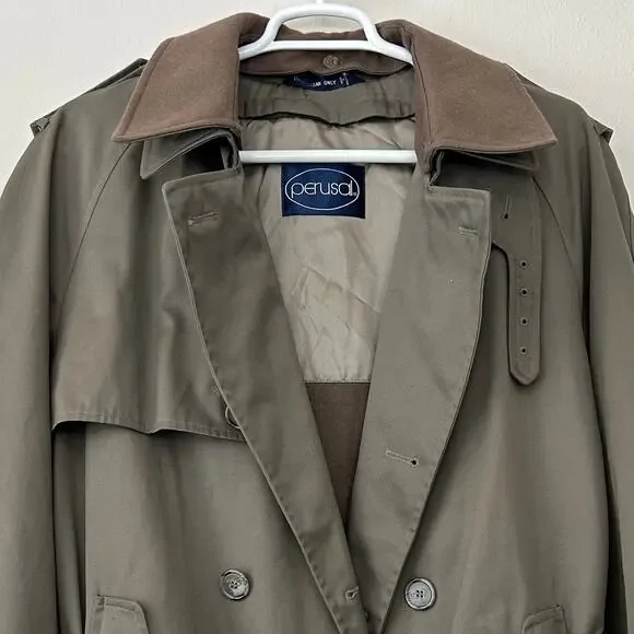 Vintage Perusal double Breasted Trench Coat zip Out wool Liner outdoor prep 44S - Picture 2 of 14